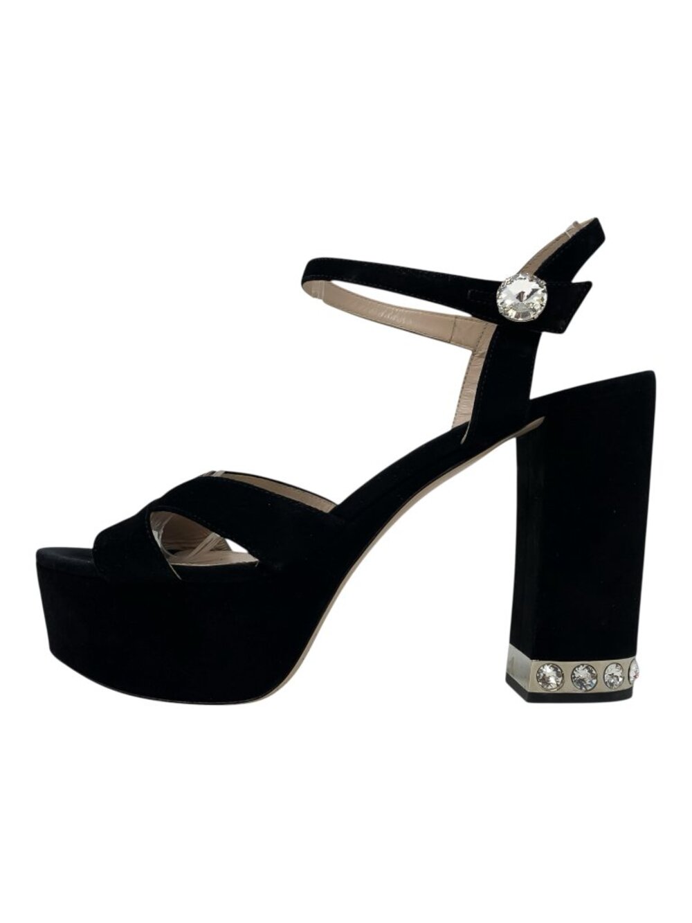 Miu Miu Black Suede Crystal Platform Ankle Strap Sandals EU 37.5